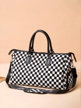 Checkered Canvas Weekender Duffle Bag Black White Travel Gym Carry On